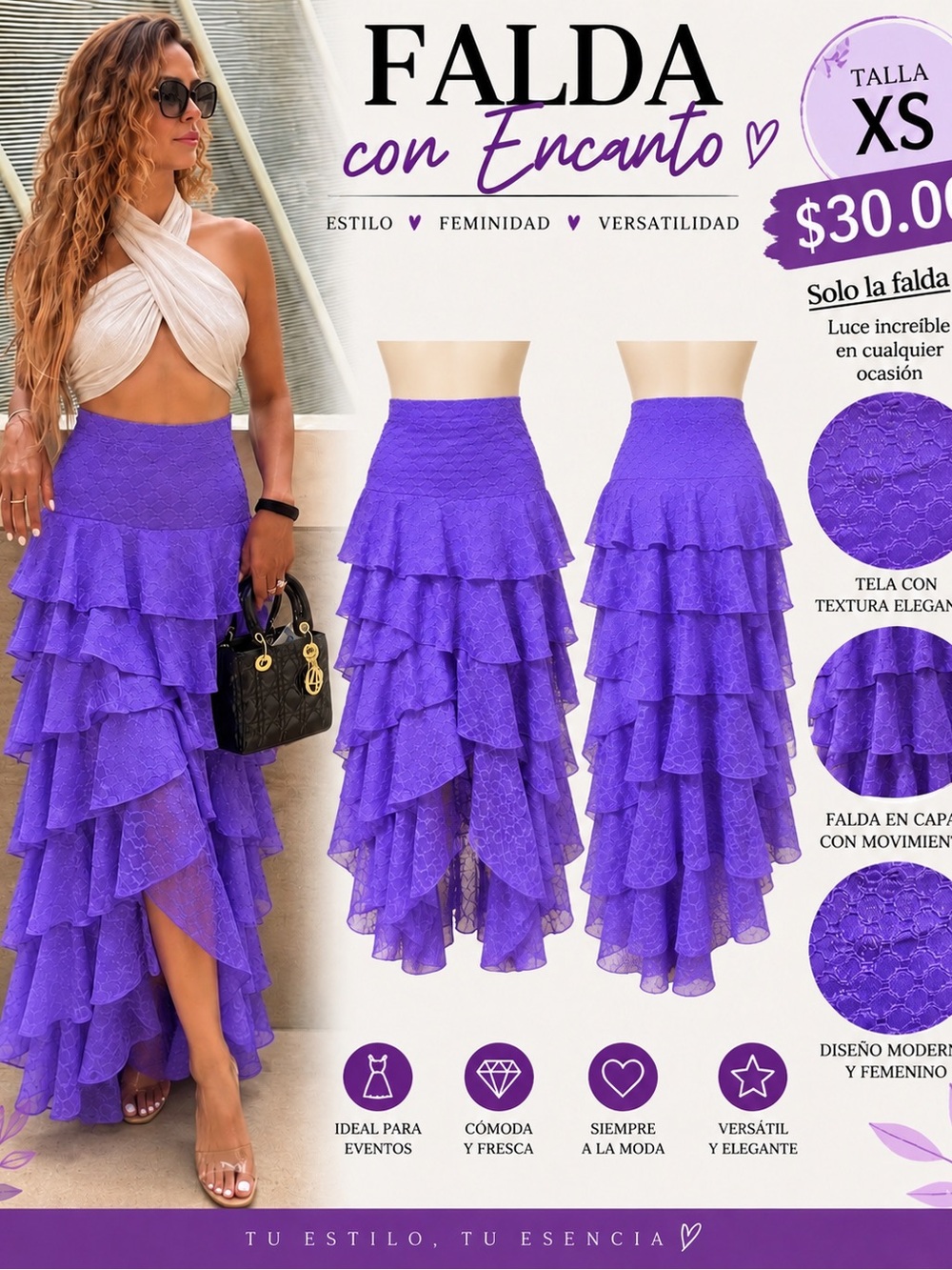 Maxi Ruffled Tiered Skirt in Purple - Falda con Encanto